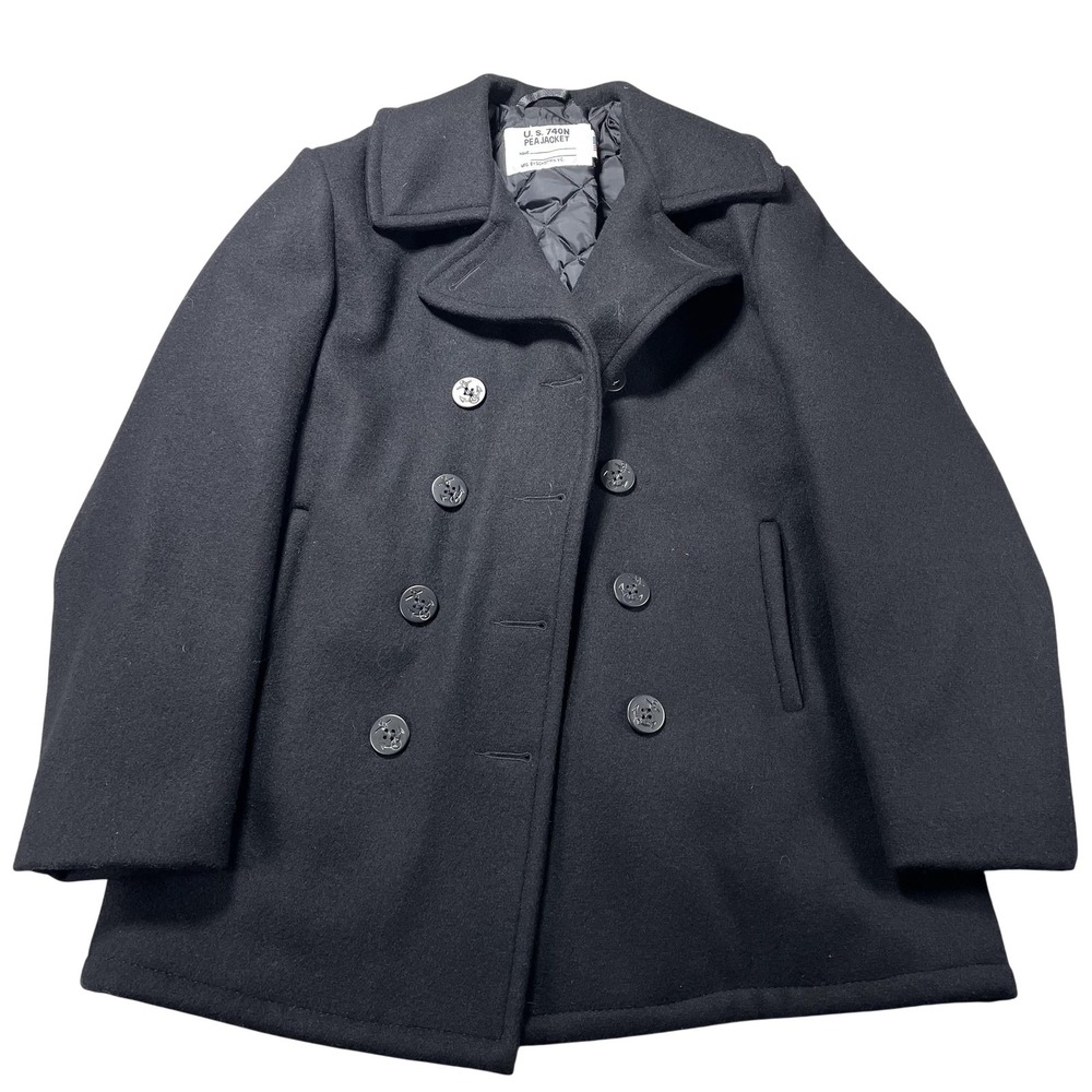 Schott NYC Coat Mens Medium Black Wool US 740N Pea Jacket USA Anchor Buttons